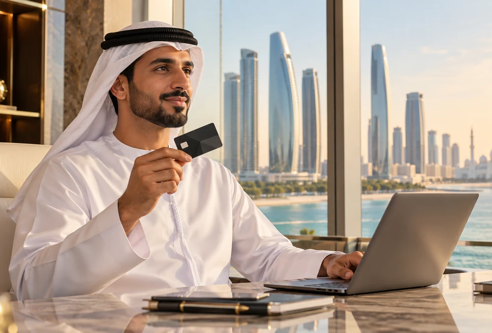 Islamic credit card beside a notebook explaining Sharia-compliant card contracts